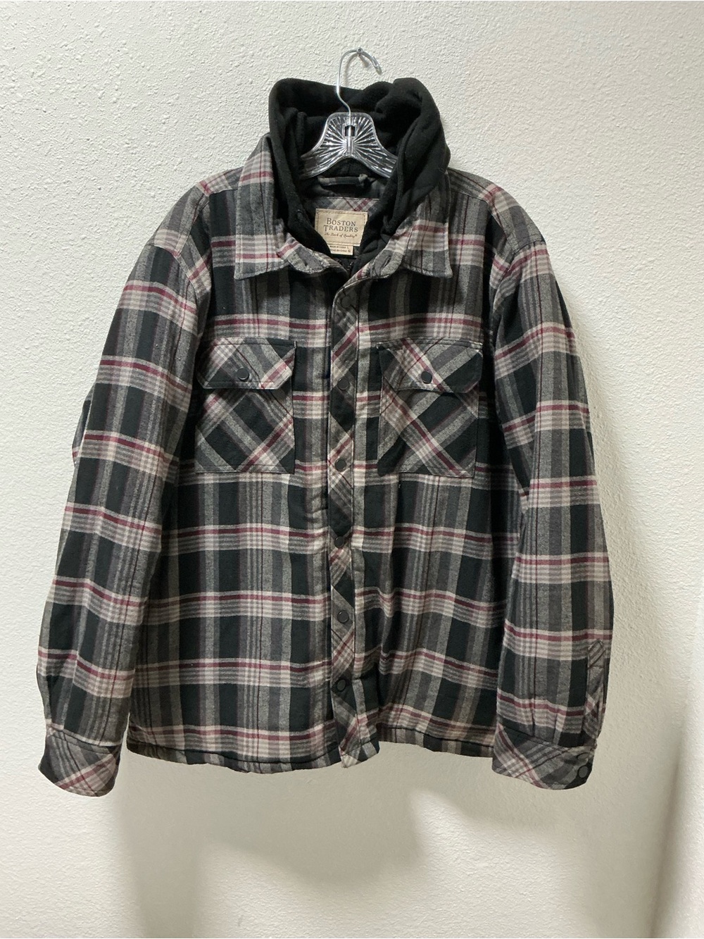 Boston Traders Hooded Flannel Shirt Jacket Size Large Plaid Quitled Lined